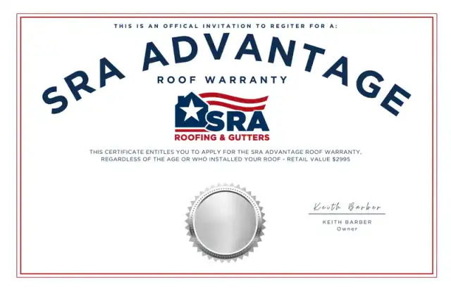 SRA Advantage Roof Warranty invitation certificate from SRA Roofing & Gutters, signed by owner Keith Barber