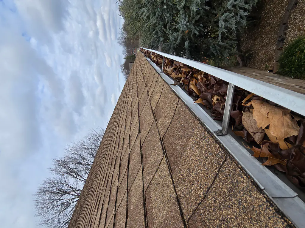 Leaves filling a residential gutter along an asphalt shingle roof