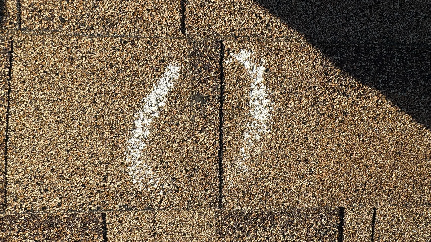 Chalk marks documenting hail impacts on asphalt shingles